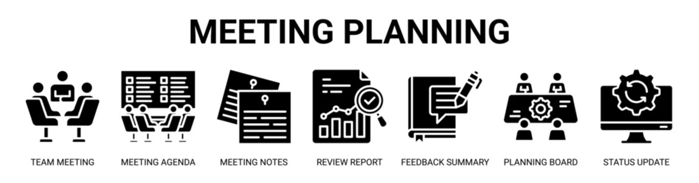 Meeting Planning web banner icon vector illustration concept with icon of team meeting, meeting agenda, meeting notes, review report, feedback summary, planning board, and status update.