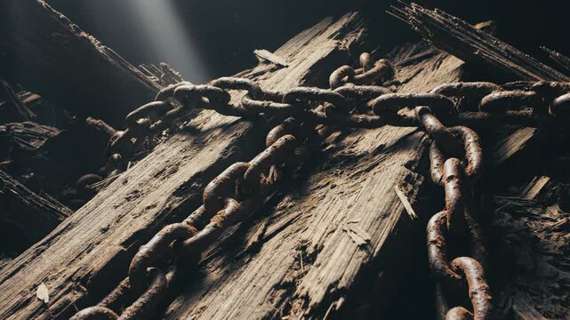 Close Up of a Rusty Chain Falling on Splintered Wood in Slow Motion