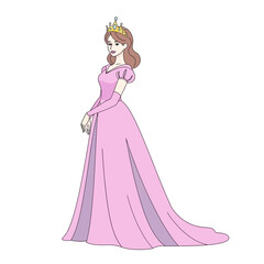 Fototapeta premium Elegant Princess in Pink Ball Gown with Crown, Isolated on White Background