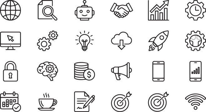 Business and Technology Line Icon Set. Digital Marketing, AI, and Startup Growth Symbols