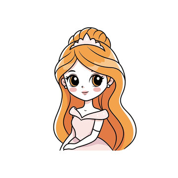 Cute Anime Princess with Orange Hair and Tiara, Elegant Gown, White Background