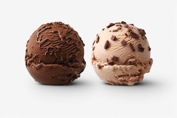 Obraz premium Two scoops of delicious ice cream with chocolate sauce and pieces standing on white background