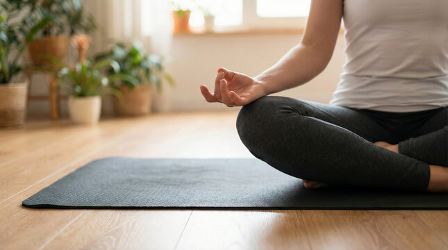 Close-up of a woman in a white t-shirt meditating in a lotus pose on a yoga mat indoors