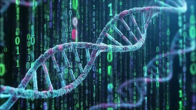DNA helix structure analysis in a futuristic laboratory environment with binary code and digital data visualization