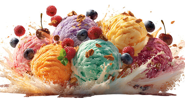 Colorful ice cream scoops with berries and nuts splashing in milk isolated on transparent white background