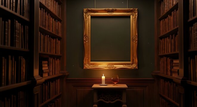 Ornate Picture Frame in Vintage Library Interior with Antique Books
