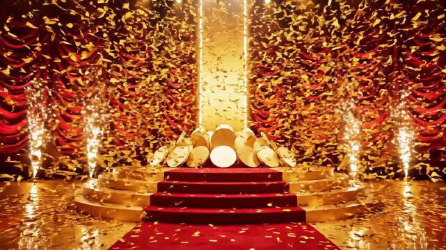 Golden Confetti and Pyrotechnics Showering a Grand Stage with Red Carpet and Throne for a Celebration.