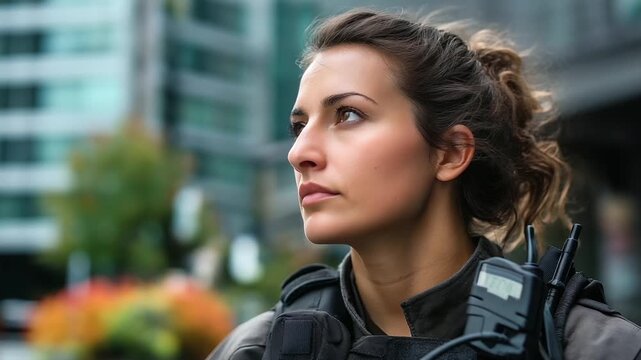 Faceless serious female officer in urban environment, law enforcement professional, security personnel portrait, tactical gear visible, city background setting, with copy space