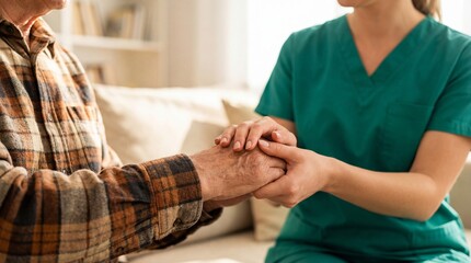Obraz premium Caring nurse in green scrubs gently holding elderly man hands offering comfort and support in warm home setting