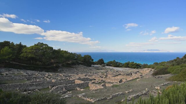 Ancient Kamiros ruins overlooking the sea on Rhodes island in Greece