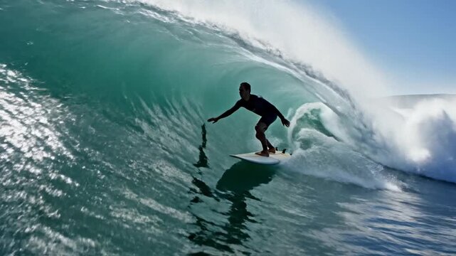 Man surfing massive ocean wave near coastal cliffs