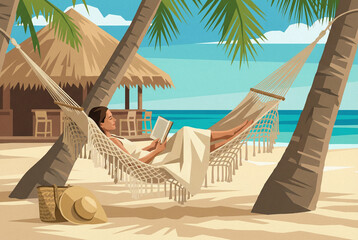 Illustration of a woman relaxing with a book in a hammock on a beautiful tropical beach. Idyllic holiday escape with palm trees and a beach hut.