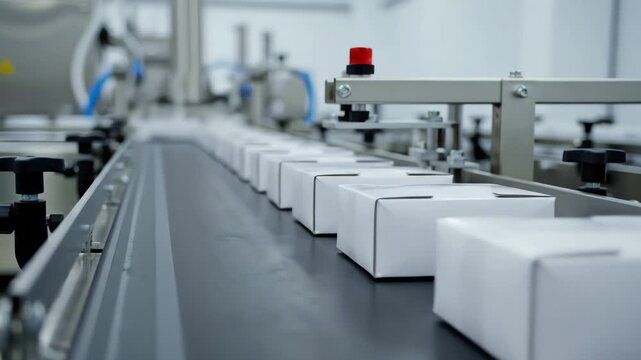 Conveyor Belt Moving Packaged Goods in Clean Industrial Production Line - AI Generated