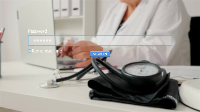 User types password into website sign in form on computer. Doctor's tools and workspace are visible in the background. Action takes place in a medical office setting.
