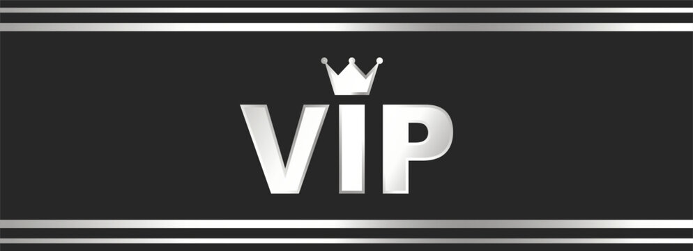 Silver VIP text with a crown icon on a dark gray background, framed by metallic silver borders, representing exclusivity or premium access.