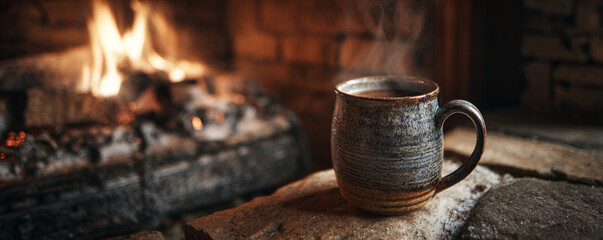 Handcrafted ceramic mug warming beside stone fireplace, cozy winter atmosphere 32k ultra HD