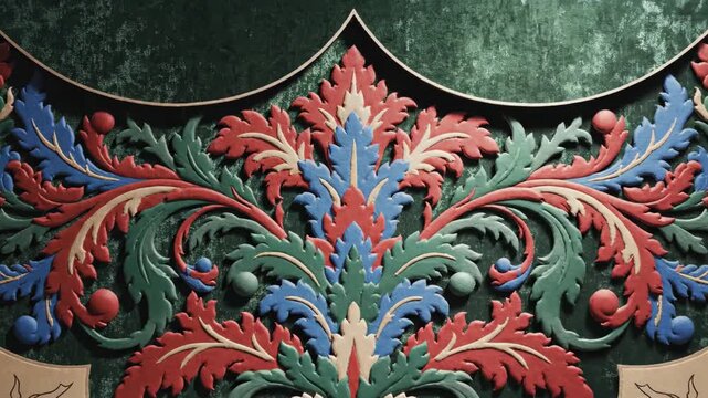 Intricate Carved Wooden Ornamentation with Vibrant Colors and Detailed Floral Patterns on a Wall.