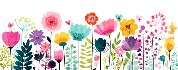 Hand-drawn folk art spring flowers in flat pastel vector style 32k ultra HD