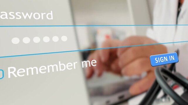 A user types a password into a website form on a computer. A doctor works in the background. The action shows the sign-in process clearly.