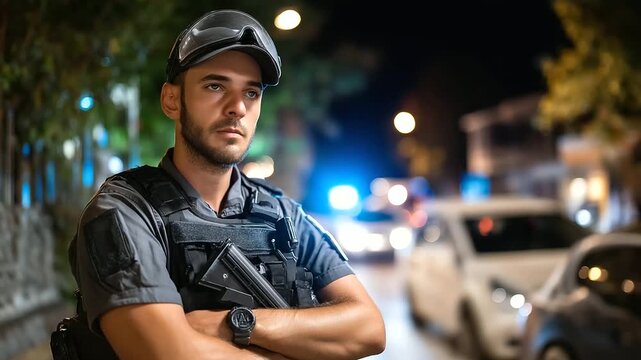 Faceless male officer with tactical vest patrolling urban street at night, firearm visible, serious expression posture, law enforcement duty footage, security presence, with copy s