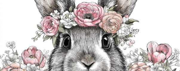 Hand-drawn folk Easter bunny face with floral crown 32k ultra HD