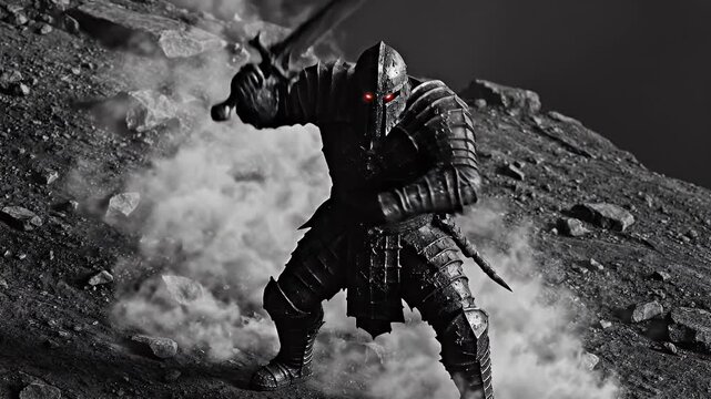 Medieval armored knight standing alone on a cratered lunar surface with sword and shield