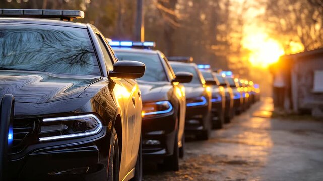 Law enforcement vehicles aligned in formation on road, faceless fleet arrangement, emergency preparedness scene, patrol cars ready, security response coordination, with copy space