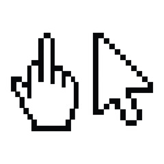 Obraz premium Pixelated hand cursor icon isolated on a plain white background