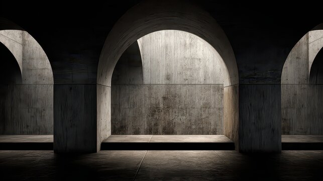 Minimalist Concrete Architecture with Arched Openings and Shadows