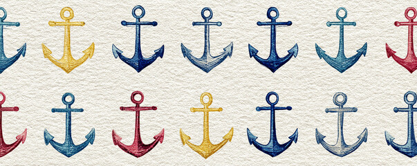 Hand-painted watercolor nautical symbols repeating on textured paper background 32k ultra HD