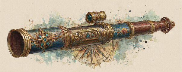 Hand-painted watercolor spyglass, compass rose, and map scroll pattern 32k ultra HD