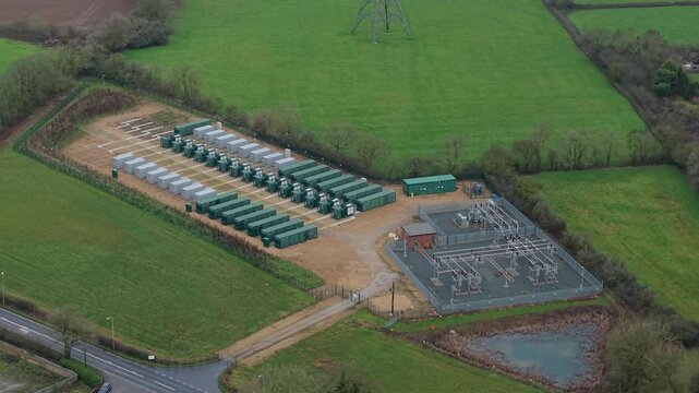 Aerial Close Up Of CATL Battery Units and Sungrow Power Conversion Systems At Enderby BESS Facility UK