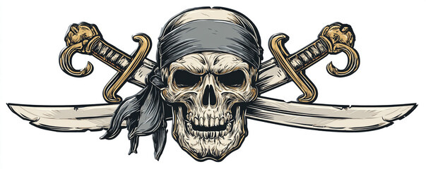 Happy pirate skull badge with rounded swords and clean outlines 32k ultra HD