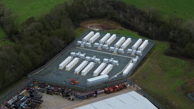 Aerial Detail Of Modular Battery Storage Enclosures Featuring HVAC Thermal Management and Fire Suppression in Enderby UK