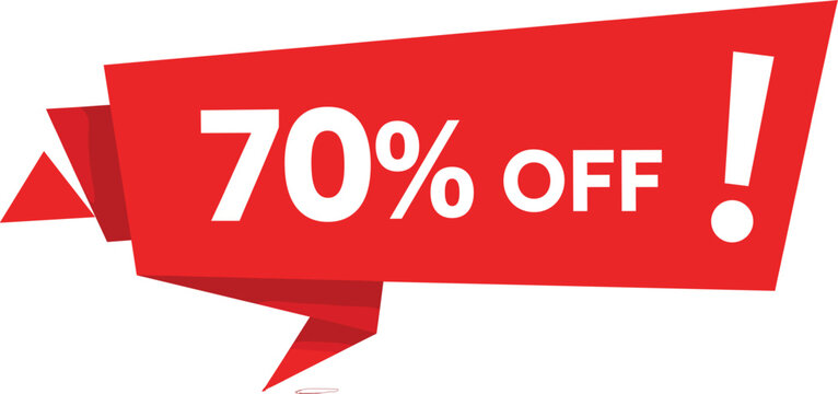 Red origami ribbon banner vector with 70 percent off text and exclamation mark for retail sales promotions and discount marketing advertisements.