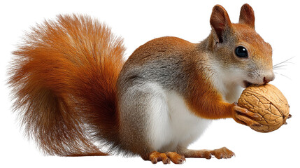 Obraz premium Squirrel with Nut: A captivating close-up of a charming squirrel, meticulously holding and nibbling on a sizable nut. this is nature's balance.