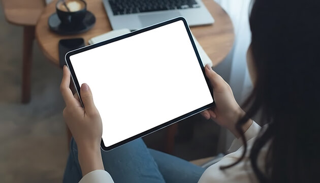 Woman Holding Digital Tablet with Blank White Screen Mockup in Cafe