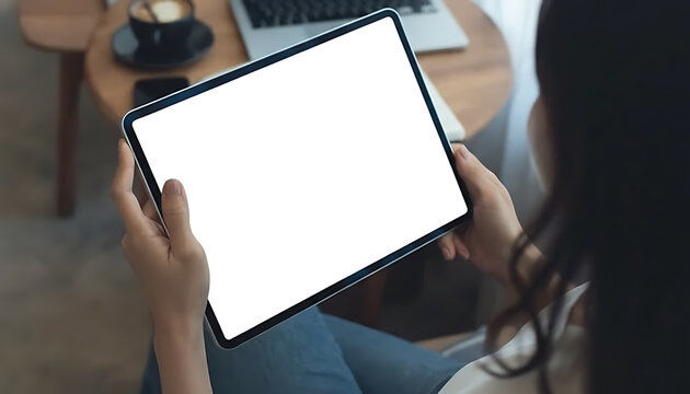 Woman Holding Digital Tablet with Blank White Screen Mockup in Cafe