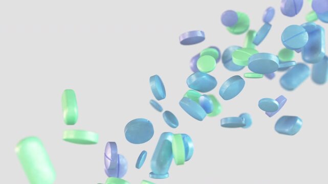 Medical pills, capsules, and tablets falling diagonally in 3D motion. Ideal for pharmacy advertisements, healthcare news, and prescription drug concepts.