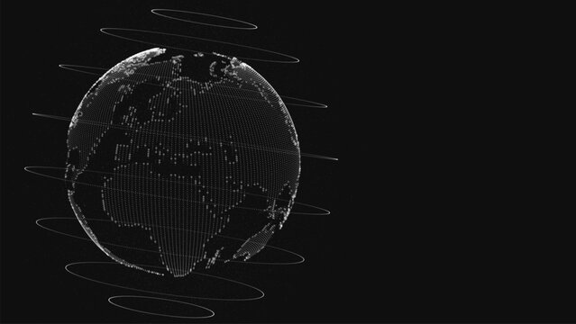 A digital model of the Earth created from glowing dots and lines. Energy orbits revolve around the planet, emphasizing global connections and the continuous exchange of information.