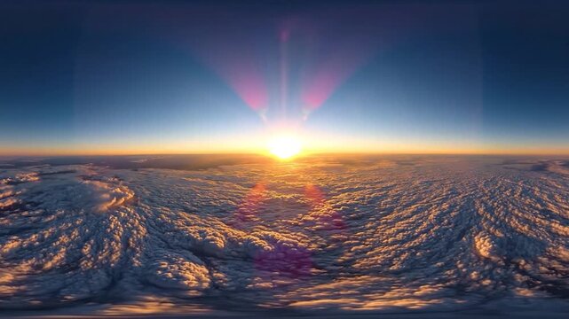 Stunning panoramic view of the sun rising above a vast cloudscape from high