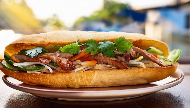 close up delicious banh mi sandwich with grilled pork slices pickled vegetables and fresh herbs a savory vietnamese street food meal outdoors sunlight