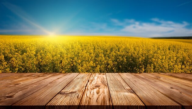 wooden surface with mustard field background wooden podium for product display