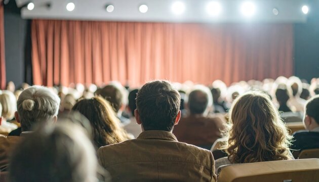 Audience watching a performance on stage with red curtains.
