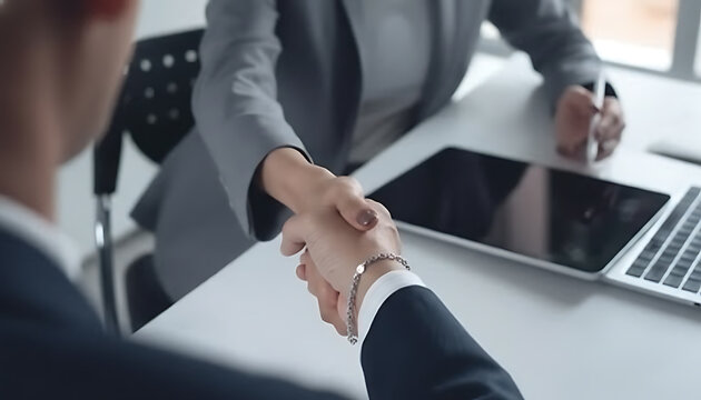 Professional Business Handshake Over Office Desk with Tablet and Laptop