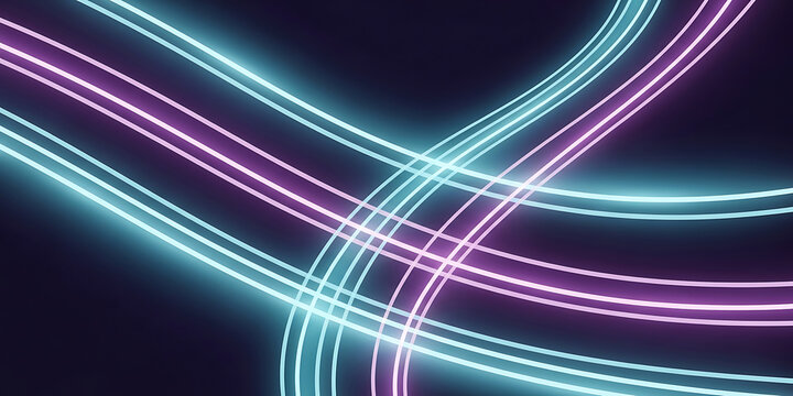 Intersecting neon blue and violet light tubes creating geometric abstract pattern on dark