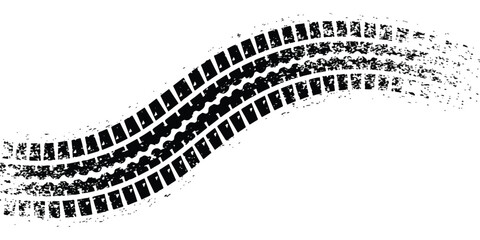 A black and white illustration of a vehicle tire track in a wavy and grunge style on a plain background ©  creative  marlia