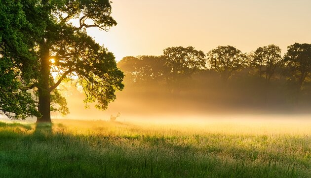 misty forest meadow at sunrise with tall oak trees lining the left side and soft golden light filtering through dense green foliage creating a serene and natural landscape