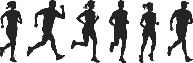 Full length black silhouette of men and women running in various active poses, group of athletes sprinting for fitness and marathon training, isolated on white background.