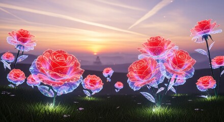 Glowing digital roses in a field at sunset with distant temple
